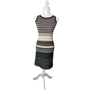 Black Saks Fifth Avenue Chevron Knit Sleeveless Sweater Dress Zigzag Midi XS